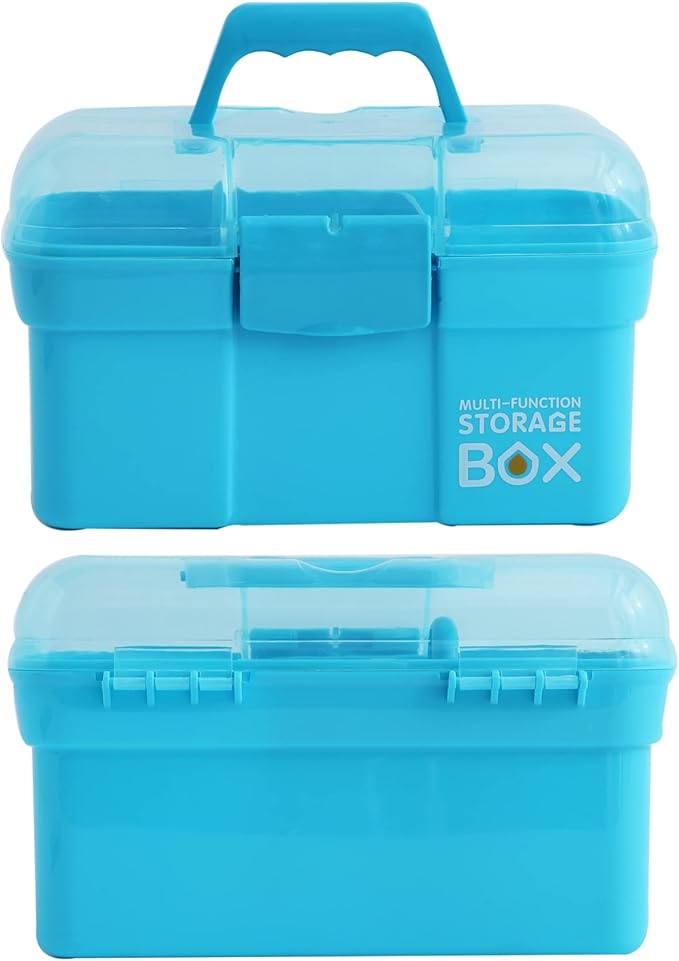 11'' Plastic Storage Box with Removable Tray, Multipurpose Organizer and Storage Case for Art Craft and Cosmetic (Blue)