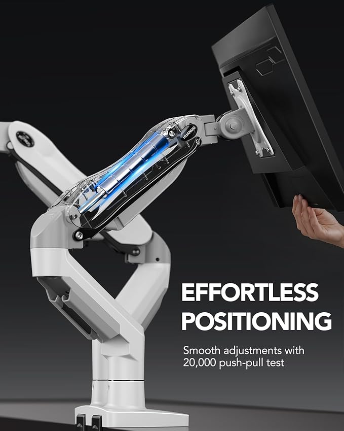 HUANUO Dual Monitor Stand - Full Adjustable Monitor Desk Mount Swivel Vesa Bracket with C Clamp, Grommet Mounting Base for 13 to 32 Inch Computer Screens - Each Arm Holds 4.4 to 19.8lbs - White