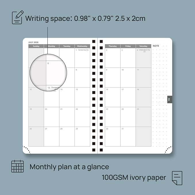 POPRUN 2026 Pocket Planner, (Small Size-4'' x 6.25'') - Daily Weekly and Monthly Calendar Agenda 2026 Appointment Book with Monthly Tabs, Spiral Soft Cover, Inner Pocket, 100 GSM - Black