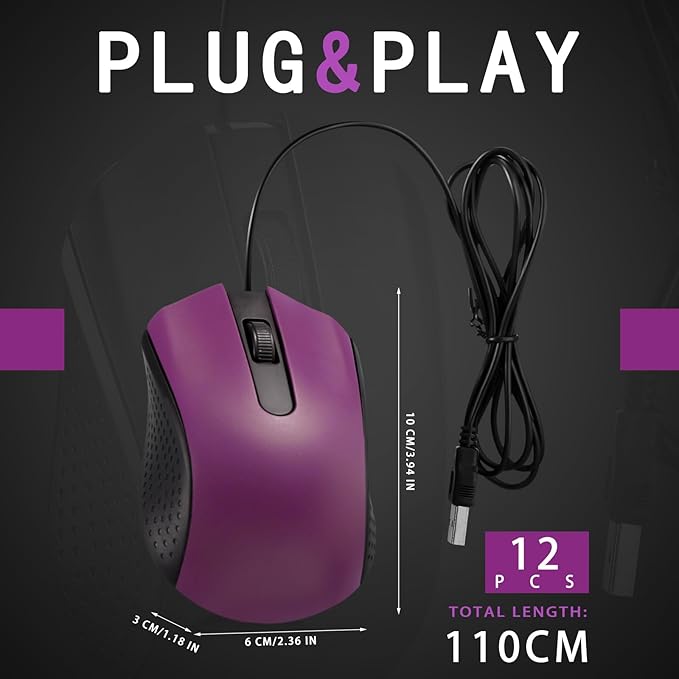 Hoteam 12 Pcs Purple Wired Computer Mouse Bulk Cord USB Computer Mice Ergonomic Wired Mouse for Pcs, Computers, Laptops, Gaming Office Home Supplies