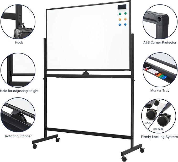 TSJ OFFICE Large Rolling Whiteboard - Dry Erase Magnetic 48 x 32 Inches White Board Height Adjust Double Sides Mobile Portable Easel on Wheels, Dry Erase Board with Stand for Office, Home & Classroom