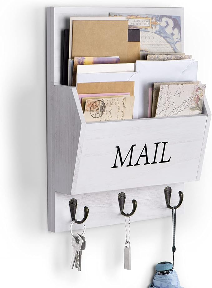 DLQuarts Mail Organizer with Key Holder for Wall Decorative Mail Sorter Wall Mounted, Wooden Mail Holder with 3 Hooks, White