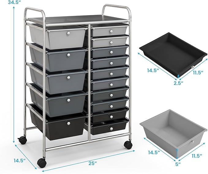 ARLIME 15-Drawer Storage Cart, Grey, Metal and Plastic Frame, Polypropylene Boxes, Rolling Organizer for Office and School