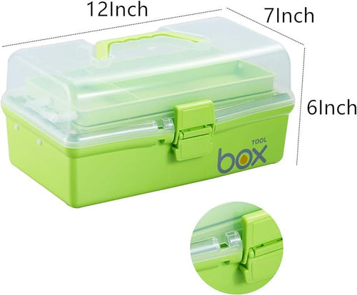 12'' Three-Layer Clear Plastic Storage Box/Tool Box, Multipurpose Organizer and Portable Handled Storage Case for Art Craft and Cosmetic (Green)