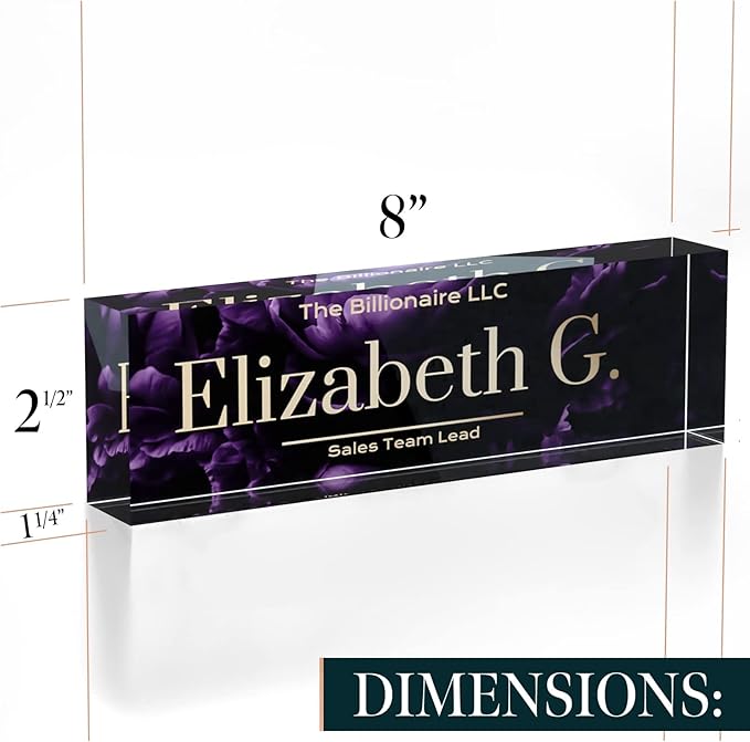 Desk Name Plate Personalized, Custom Name Plates 2½/x8 Inches, Thick Crystal-Clear Acrylic, Gift Box, Office Desk Decor. USA Made by ACRYLUXE (Blossom)