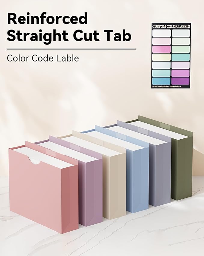 ANSOOK Plastic Manila File Folders Letter Size,12 Pack Expanding File Jackets & File Pockets,Heavy Duty 3" Expansion Manila Pocket Folders with Straight Cut Tab,File Cabniet Folders for Office School