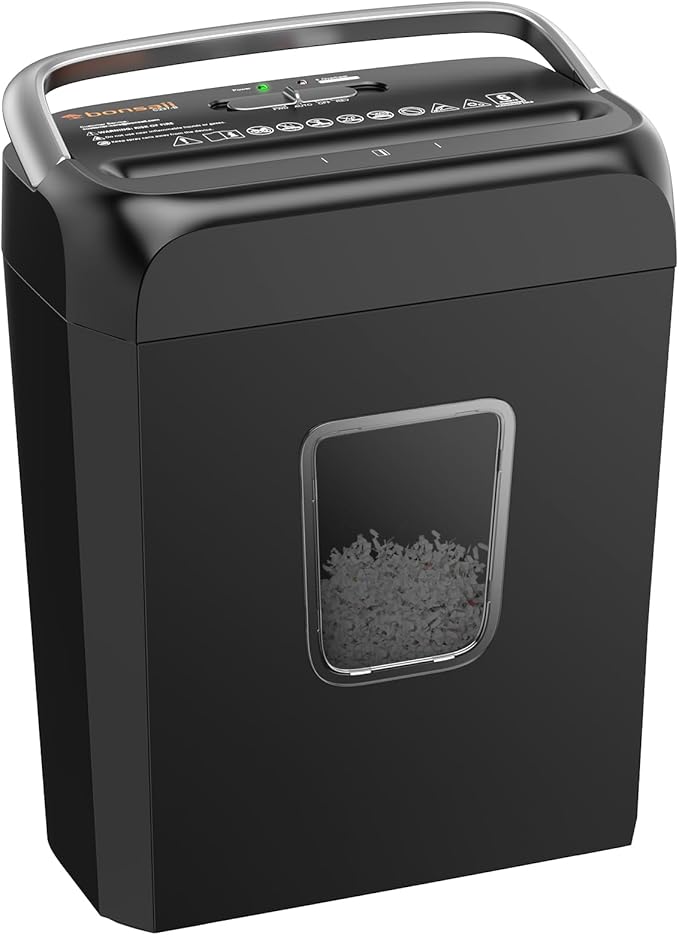 Bonsaii Shredders for Home Use, 3.4 Gal Wastebasket, 6-Sheet Cross-Cut Credit Card Shredder for Home Office, Small Shredding Machine for Staples, Clips, Documents, Portable Handle(C237-B New Version)