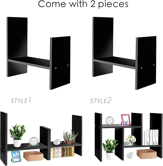 J.M.Deco Desktop Organizers and Storage for Office, Adjustable Desktop Organizer Shelf Double H Display, True Natural Stand Shelf, Black