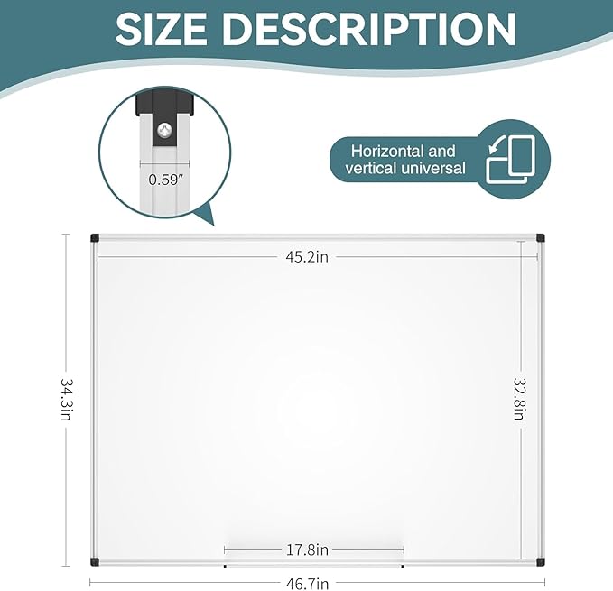 Magnetic Dry Erase Whiteboard - 46 x 33 Inch White Board - 4 x 3 Large Wall-Mounted Board with Silver Aluminum Frame, 1 Magnetic Eraser, 2 Pens, Detachable Marker Tray, 6 Magnets