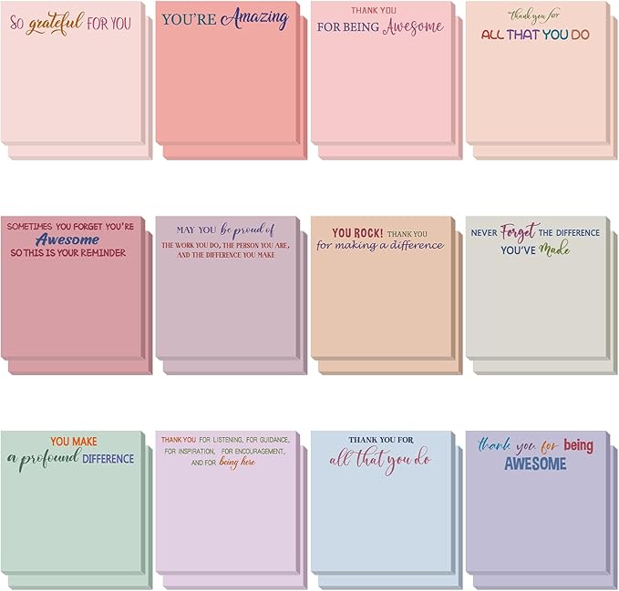 Yinder 24 Pcs Employee Appreciation Sticky Notes New Year Gift Bulk Motivation Sticky Note Pads Inspirational Gift for Teacher Nurse Staff Coworker Office Supply 3 x 3'' (Appreciation,Artistic)