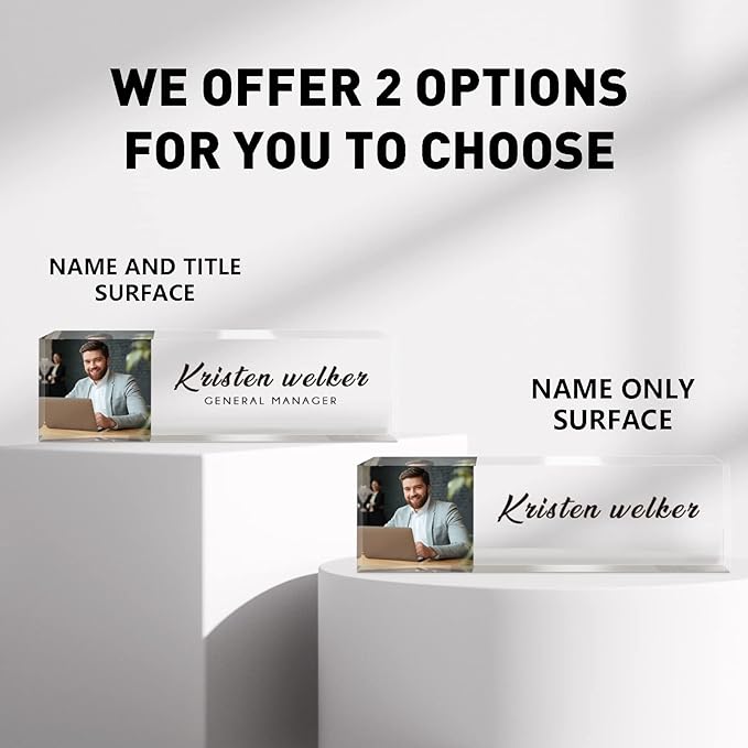 Desk Name Plate Personalized, Custom Name Plates for Desks, Office Desk Decor, Clear Acrylic Glass Block with Photo, Personalized Office Gifts for Women Men Coworkers Boss Teachers, Appreciation Gifts