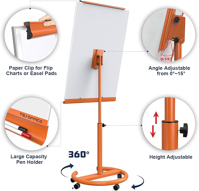 TSJ OFFICE Mobile Whiteboard Magnetic - 40 x 26 Inches Dry Erase Board on Wheel with Stand Flipchart Easel Height Adjustable,Orange