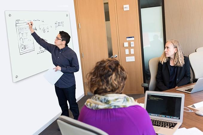 Magnetic Glass Whiteboard with Eraser 48" x 36" Frameless Tempered Glass Dry Erase Board with Marker Tray for Office, Wall Mounted Writing Board (White)