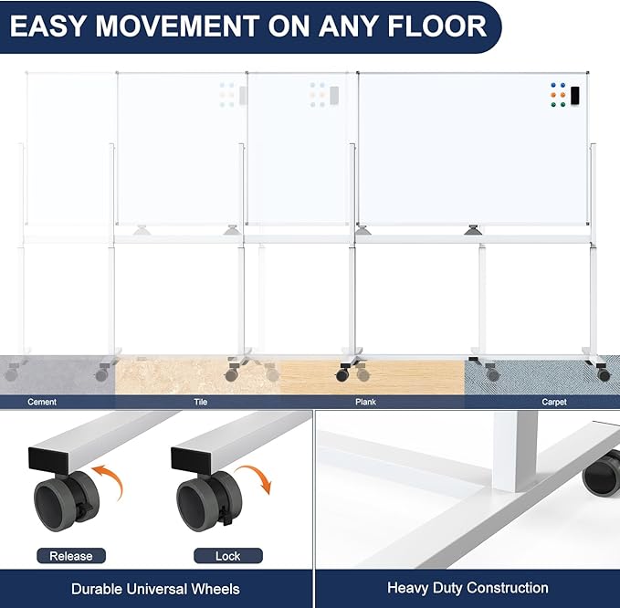 Large Dry-Erase Rolling Magnetic Whiteboard - TSJ OFFICE 48 x 32 Inches Dry Erase Board with Stand Height Adjust Double Sides Mobile White Board Easel on Wheels Office, Home & Classroom