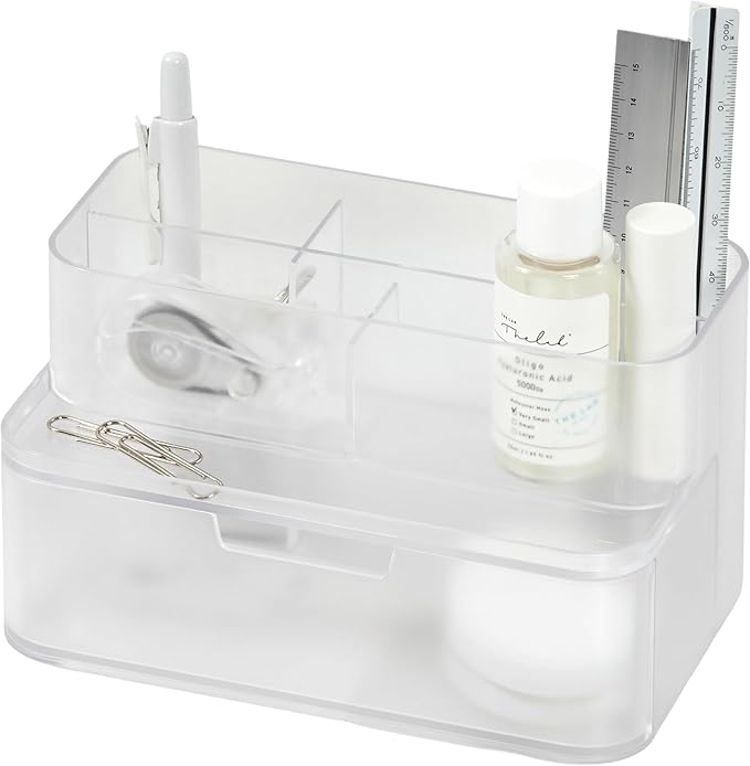BLUE GINKGO Compact Desk Organizer – Small 5-Compartment, Half Drawer Storage – Pen Holder, Stationery Organizer for Desktop, Vanity, Shelf (Made in Korea, Transperent)