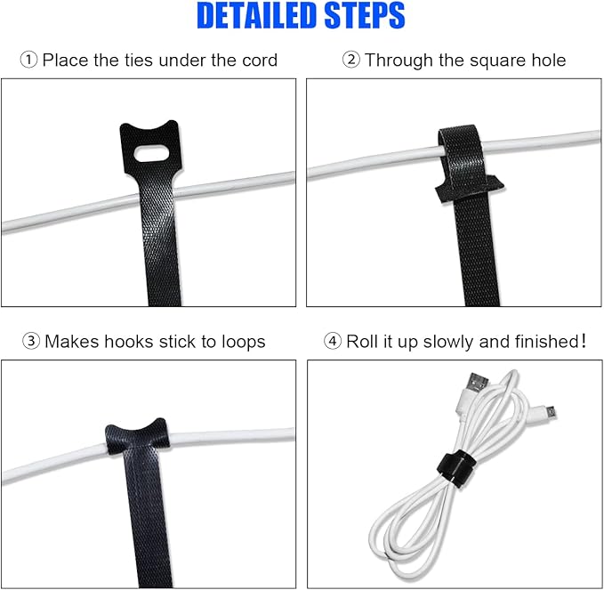 100 PCS 8 Inch Reusable Cable Ties, Adjustable Cable Management Wire Straps with Hook and Loop, Multi-purpose for Home, Office and Data Centers Organizer by QINGLER