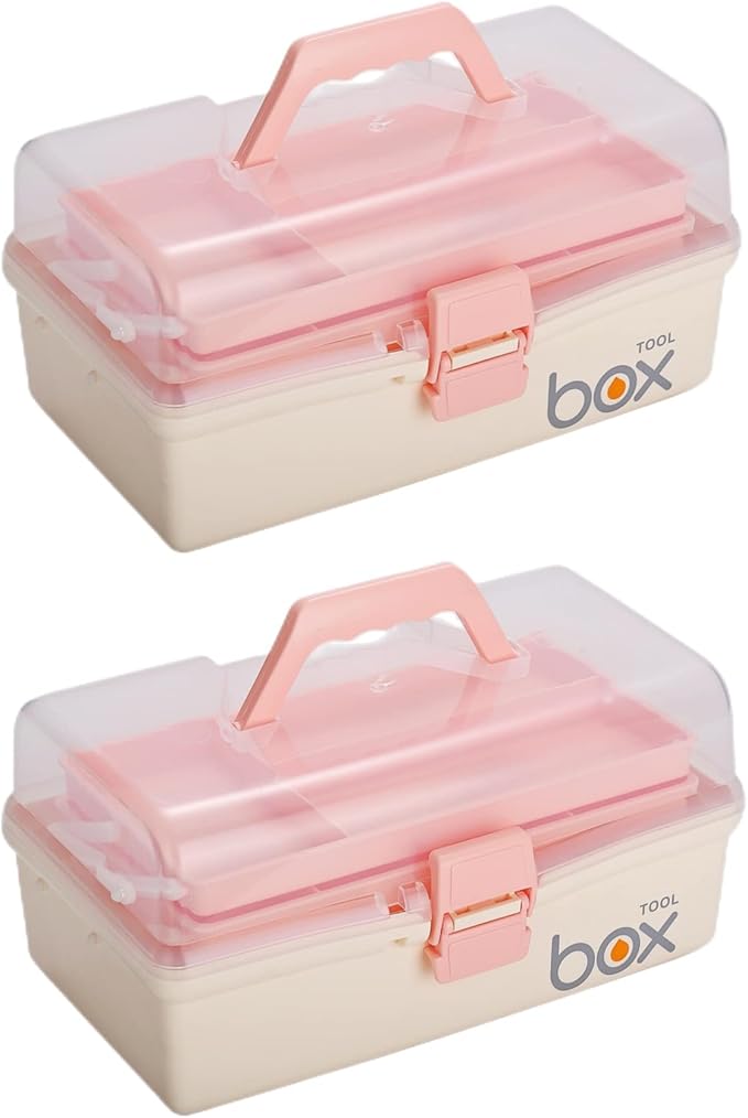 2PCS 12'' Three-Layer Clear Plastic Storage Box/Tool Box, Multipurpose Organizer and Portable Handled Storage Case for Art Craft and Cosmetic (White)
