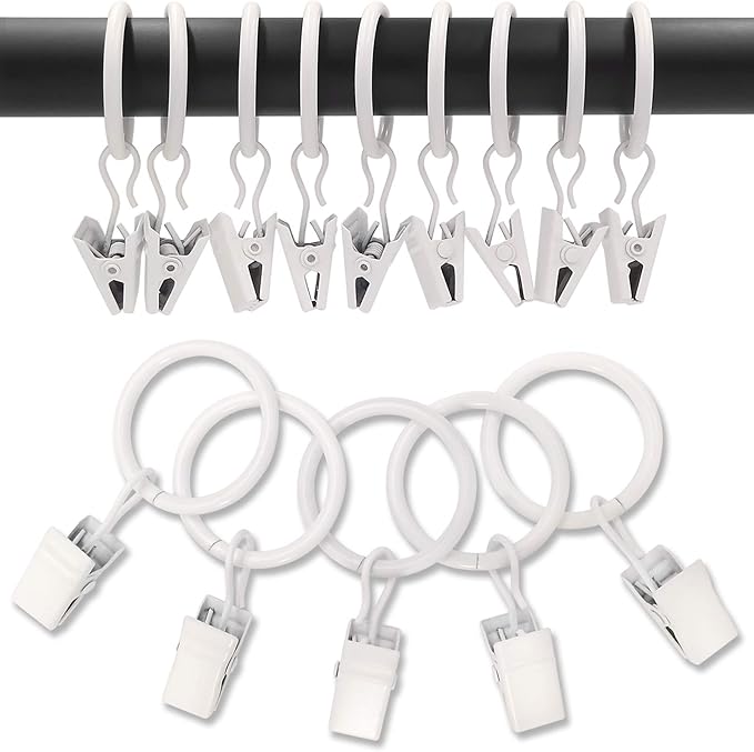 AMZSEVEN 100 Pack Metal Curtain Rings with Clips, Drapery Clips with Rings, Drapes Rings 1 inch Inner Diameter, Fits Diameter 5/8 inch Curtain Rods, White