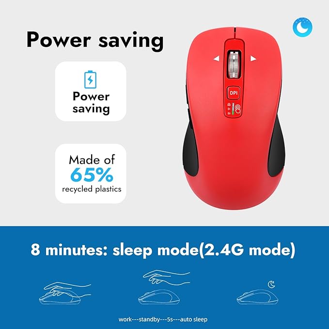 Wireless Bluetooth Mouse (USB + BT1 + BT2), Full Size, 4-Way Scrolling, Multi-Device Silent Mouse for Computer, Laptop, iPad, MacBook (Red)