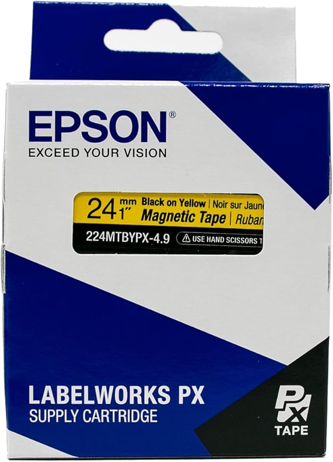 Epson LABELWORKS 224MTBYPX-4.9 Genuine Magnetic Tape Cartridge - Black on Yellow Magnet Label Maker Tape - 1" (24MM) Wide, 4.9 ft, Yellow