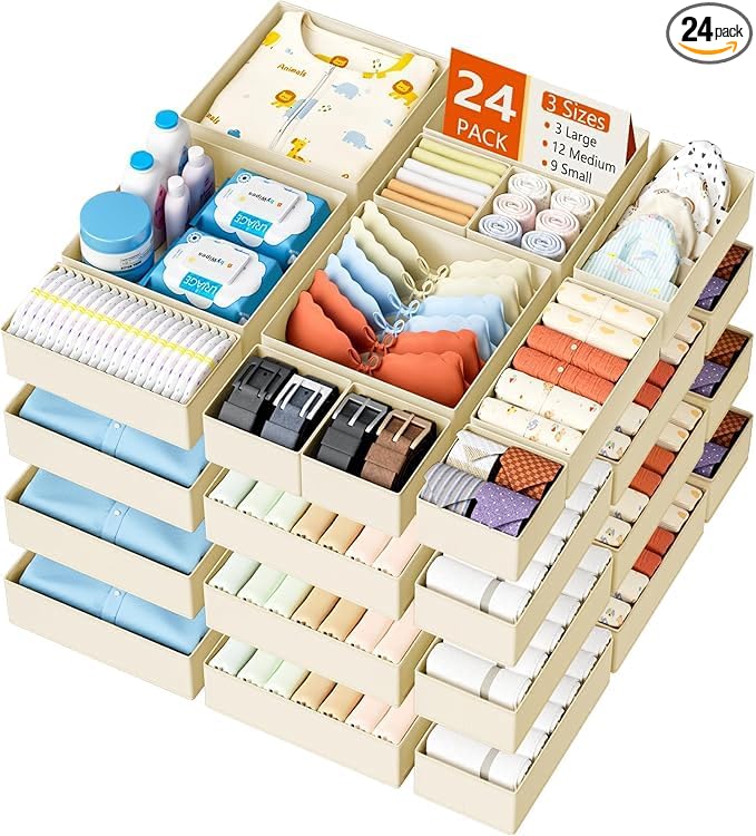DIMJ Drawer Organizer Clothes Storage - 24 Pack Baby Dresser Organizer for Nursery, Small Fabric Closet Drawer Organizer Bins for Underwears Socks, Foldable Storage Dividers Organization for Bedroom