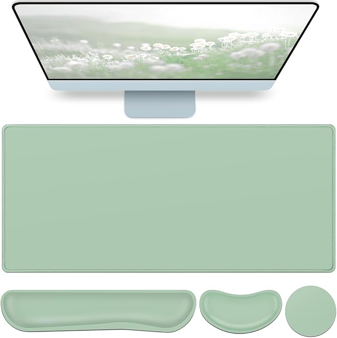 Desk Mat Green, Large Gaming Mouse Pad with Wrist Rest, 4in1 XXL Mousepad+Keyboard Wrist Rest+Mouse Pad Wrist Support+Cup Coaster Set Ergonomic Computer Desk Arm Wrist for Decor Home Office Women