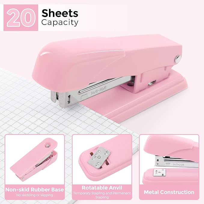 SKYDUE Pink Desk Accessories 10Pcs, Rotating Pen Holder for Desk, Stapler, Staple Remover, Tape Dispenser,2pcs Tape Refills, Binder Paper Clips Kit, Scissor,Pink Office School Supplies