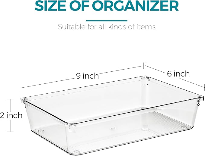 12 Pack Drawer Organizer - 6" X 9" Clear Acrylic Storage Bins with Non-Slip Pads, Versatile Desk Tray for Makeup, Jewelry, Kitchen, Bathroom, and Office Organization
