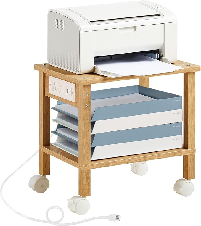 Lerliuo Under Desk Printer Stand with Charging Station, 2 Tier Wooden Small Printer Table with Storage, Rolling Printer Cart Shelf with Lockable Wheels for Home, Office (Natural)