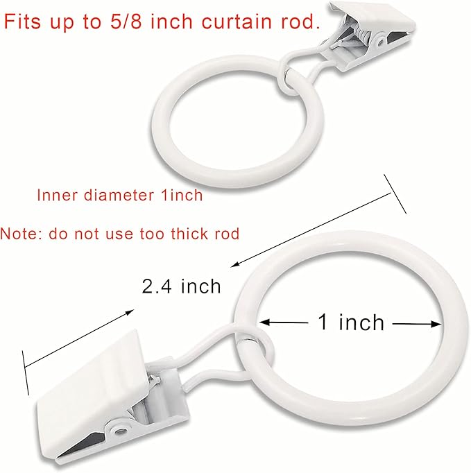 LLPJS 44 Pack Curtain Rings with Clips, Curtain Clip Rings Hooks, Bow Hanger Clips for Hanging Drapery Drapes Bows, Ring 1 inch Interior Diameter, Fits up to 5/8" Rod, White