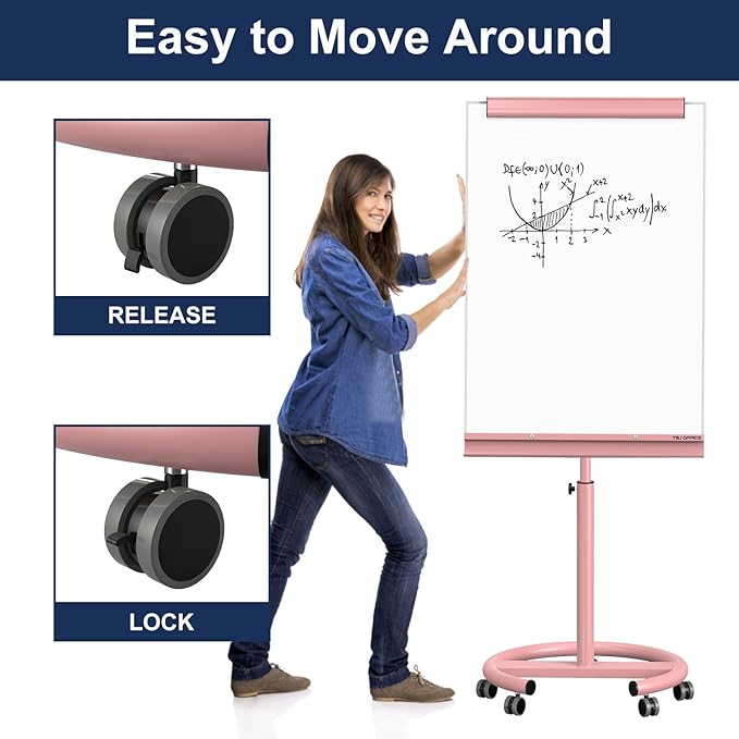 TSJ OFFICE Mobile Whiteboard Magnetic - 40 x 26 Inches Dry Erase Board on Wheel with Stand Flipchart Easel Height Adjustable,Pink