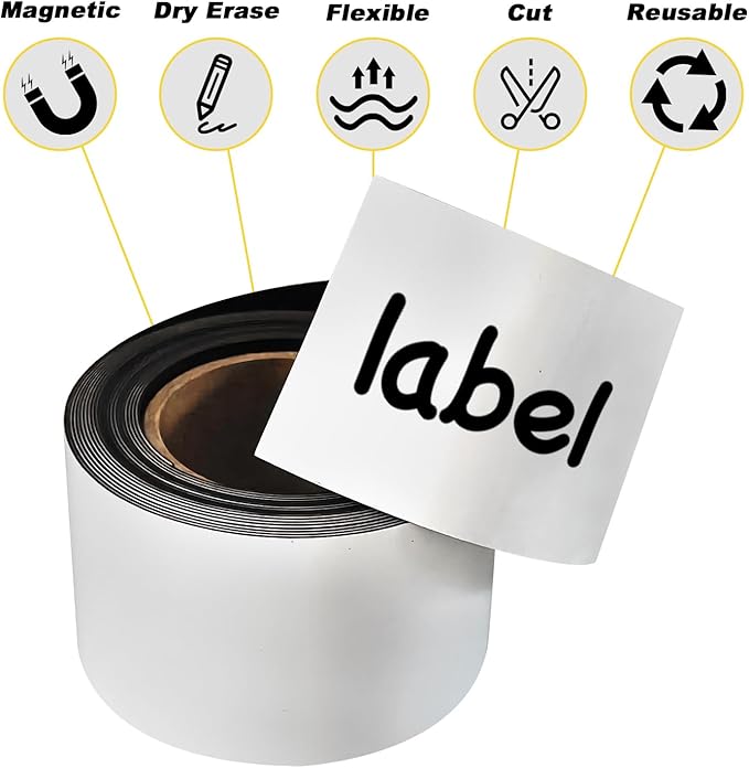 Magnetic Dry Erase Label Roll - 2" Wide x 30ft Long Jumbo Size, Reusable Whiteboard Magnetic Tape, Self-Cut Strips for Toolbox, Cabinet, Whiteboard, Classroom, Garage & Warehouse Organization