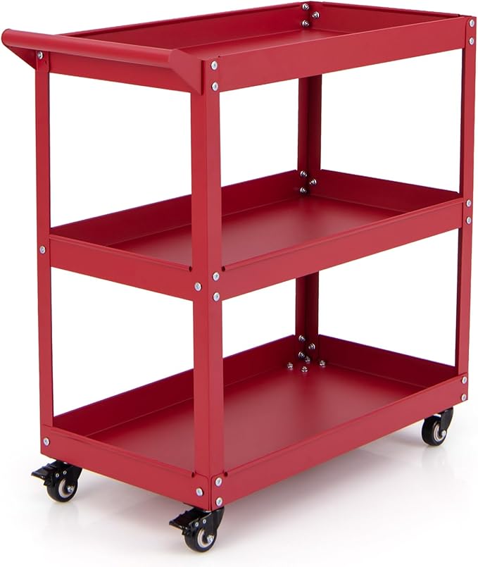 Goplus 3-Tier Utility Cart, Heavy Duty Commercial Service Tool Cart w/3 Spacious Shelves, 4 Universal Wheels with 2 Brakes, Rolling Mechanic Tool Cart Storage Organizer for Warehouse Garage