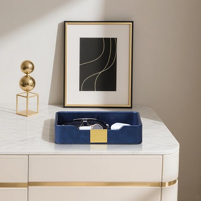 10.2" x 6.7" Nightstand Organizer Tray with Gold Accent, Decorative Valet Trays Cologne Organizer for Men, Key Bowl Perfume Trinket Tray for Dresser Bedside Entryway Table (Navy Blue)