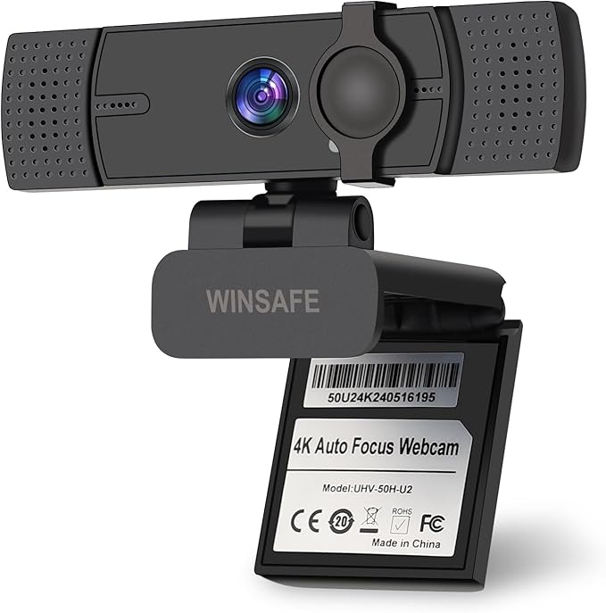 WINSAFE 4K Webcam for PC, UHD Video Calling, PDAF AutoFocus, Dual Noise-Canceling Microphones, 70° FOV, 1080P@60FPS, Privacy Cover, USB Plug&Play, Works with Teams, Zoom, OBS, Skype