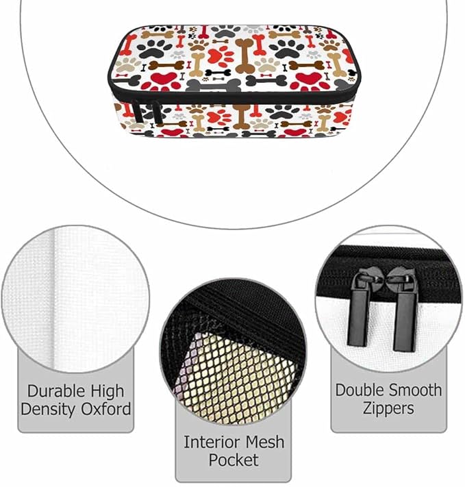 Dog Paws Pencil Case Brown Red Bones Animal Funny Pet Pencil Bag Pouch Box Organizer for College School Students Boy Girl