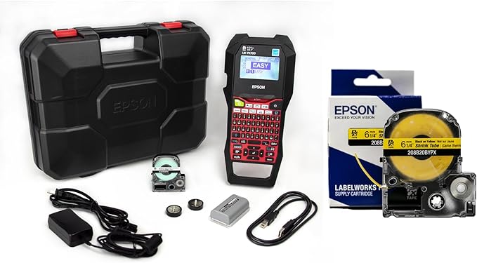 LABELWORKS Epson LW-PX700PCD Industrial Label Maker Kit and 208B20BYPX Black on Yellow Shrink Tube Industrial Label Maker Tape
