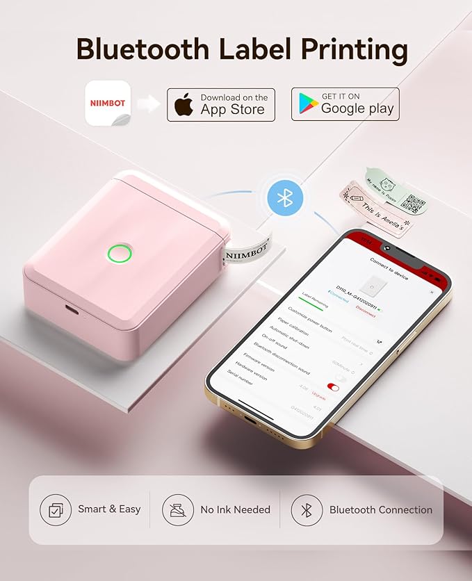 NIIMBOT Label Maker Machine Bluetooth Label Printer for School Home Office Organization, Wireless Mini Labeler D110 Upgraded Version, Label Machine with Label, Pink