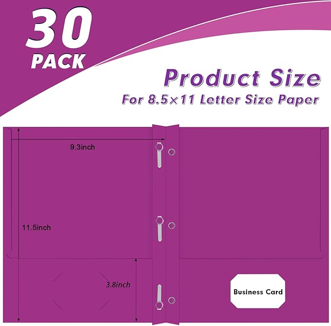 Two Pocket Folders, PANDRI 30 Pack Two Pocket Folders with Prongs, 3 Prong Folders Designed for Office and Classroom, Letter Size Purple