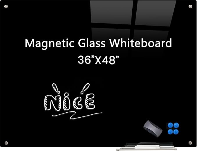 Magnetic Glass Dry Erase Board White Board Wall Mounted Whiteboard, Large Frameless White Board (Glassboard Black, 48" W x 36" H)