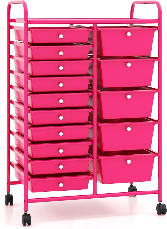 ARLIME 15-Drawer Storage Cart, 15 Drawer Trolley, Rolling Organizer Cart, Scrapbook Paper Organizer, Suitable for Office and School, Rolling Office Storage Tools (Hot Pink)