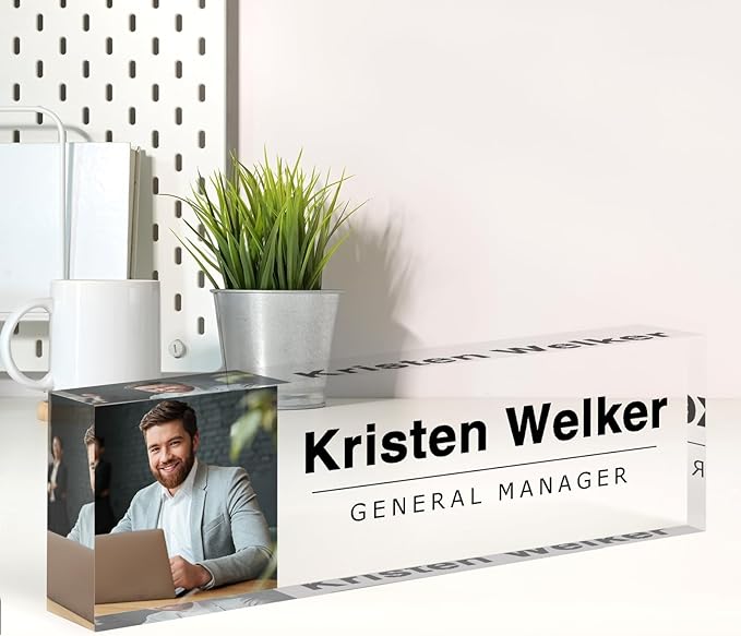 Custom Name Plate for Desk, Personalized Desk Name Plate with Photo, Office Desk Decor for Women Men, Acrylic Desk Accessories, Office Gifts for Boss Manager Teacher, Employee Appreciation Gifts