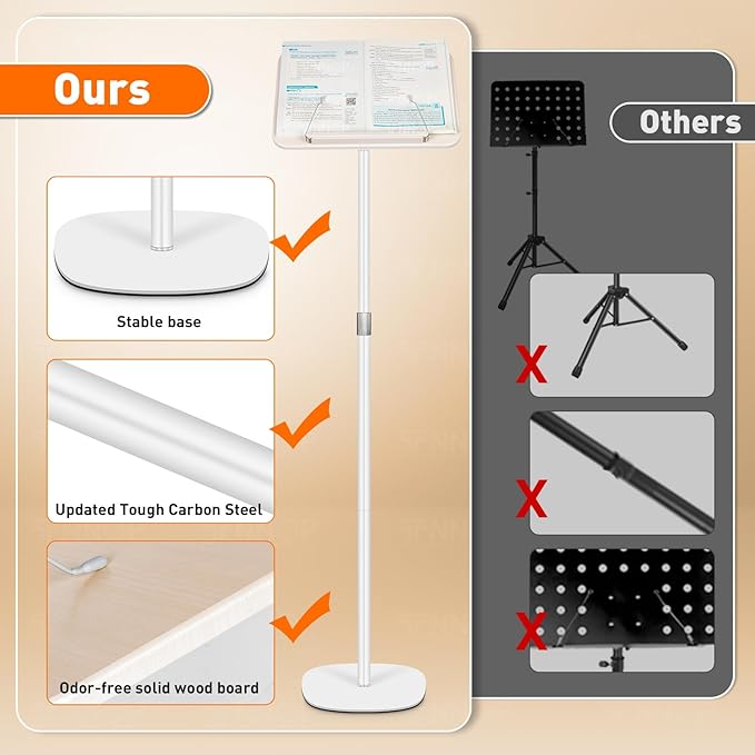 Floor Standing Book Stand, Foldable Book Holder for Reading with Page Clips, 19"–51" Height Adjustable, Sturdy Podium Stand for Reading, Bible, Laptop, Cookbooks, or Projector