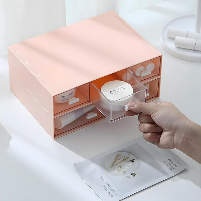 Desktop Organiser with 5 Drawers, Stackable Plastic Storage Box on Desk, Small Drawers Storage Unit for Home Collection, Cosmetics, Office Supplies (2 Flat Layers, Pink)
