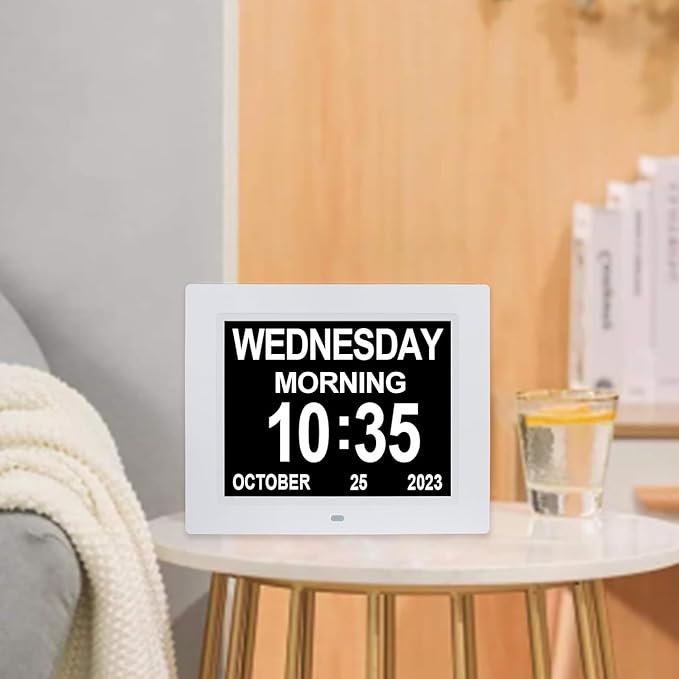 8 Inch Extra Large Calendar Day Date Time Clock with Non-Abbreviated Day Month Dementia Clocks Perfect for Senior Elderly Impaired Vision Memory Loss