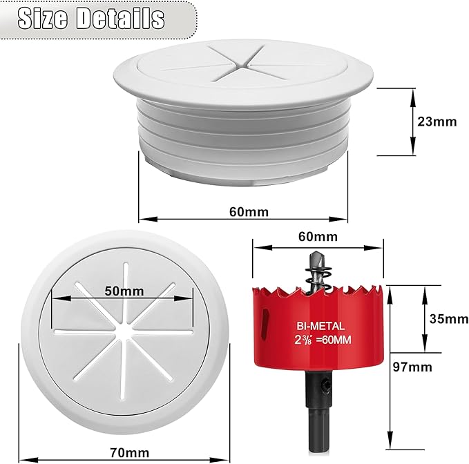 6PCS Desk Grommet,2-3/8""(60mm) Desk Hole Cover for Cables,Wire Hole Cover for Desk with Hole Saw,Office and Home Table,Desktop Equipment Wiring Management and Protection (White)