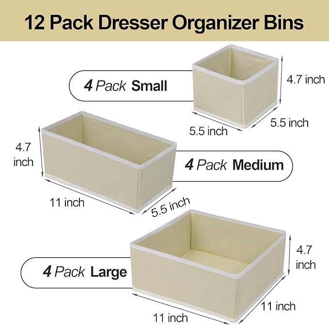 Drawer Organizer Clothes, Foldable Fabric Dresser Organizer Closet Organizers and Storage Box for Underwear,Folded Clothes,Baby Clothing,Socks,Bra,Towels,Ties(12 Pack,Yellow)