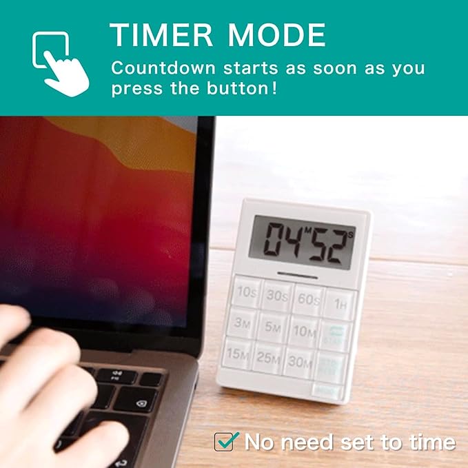 dretec One-Push Timer, Just Press, Easy, Time Saving, Interval, Silent, Kitchen Timer, Digital, Magnet, Stand, Light, Study, Muscle Training, Sports, White