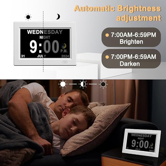 CAZOKASI 8inch Extra Large Impaired Vision Digital Alarm Clock with Day and Time for Elderly Calendar Clock Auto Dimmable Clock