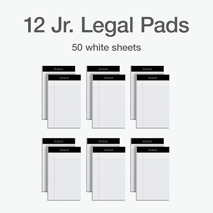 Oxford Premium Legal Pads, 12 Pack, Premium Note Pads, 50 Legal Ruled 5" x 8" Sheets, Bright White Paper with Firm Back, Small Portable Notepads